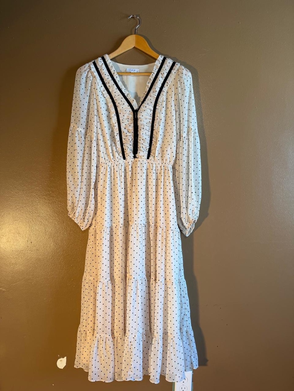Cream Polka Dot Long Sleeve Dress with Velvet Trim